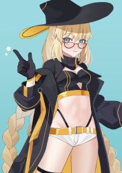 Rule 34 | 1girl, absurdres, aesc (fate), blonde hair, blue eyes, blush, braid, breasts, cleavage, fate/grand order, fate (series), fujiwara nazuna, glasses, gloves, hat, highres, jacket, long hair, long sleeves, looking at viewer, medium breasts, official alternate costume, open clothes, open jacket, shorts, smile, solo, thighs, twin braids, witch hat