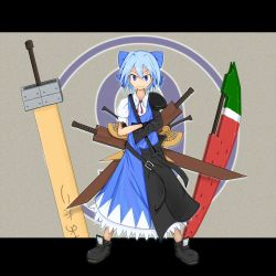 Rule 34 | 1girl, adapted costume, advent cirno, blue eyes, blue hair, bow, cirno, crossed arms, hair bow, letterboxed, long sleeves, matching hair/eyes, puffy sleeves, short hair, short sleeves, smile, solo, standing, sword, touhou, viki00, weapon