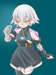 Rule 34 | 1girl, adapted costume, armband, asymmetrical gloves, bandages, bare shoulders, belt, belt buckle, black dress, black thighhighs, blue background, buckle, cleavage cutout, clothing cutout, cowboy shot, dress, fate/apocrypha, fate (series), fingerless gloves, gloves, green eyes, hikizan, jack the ripper (fate/apocrypha), looking at hand, scar, short hair, shoulder tattoo, silver hair, simple background, single glove, solo, tattoo, thighhighs, tsurime, uneven gloves, zettai ryouiki