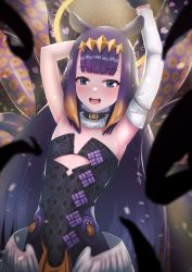 Rule 34 | 1girl, absurdres, animal ears, armpits, arms up, blue eyes, choker, fang, flat chest, hair ornament, highres, hololive, hololive english, huge filesize, long hair, looking at viewer, ninomae ina&#039;nis, ninomae ina&#039;nis (1st costume), open mouth, purple hair, sidelocks, solo, tachibana yuu (shika), teeth, tentacles, upper teeth only, virtual youtuber