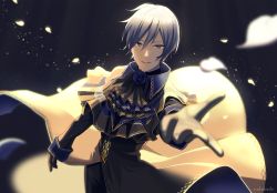 Rule 34 | 1boy, artist name, black background, black capelet, black gloves, black robe, blue eyes, blue hair, blurry, blurry foreground, capelet, commentary, falling petals, foreshortening, gloves, kaito (vocaloid), looking at viewer, male focus, nokuhashi, outstretched arm, parted lips, petals, project diva (series), reaching, reaching towards viewer, robe, rosa blue (module), smile, spotlight, upper body, vocaloid