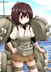 Rule 34 | 1girl, blue sky, brown eyes, brown hair, brown skirt, cannon, cowboy shot, day, hyuuga (kancolle), kantai collection, katana, looking to the side, machinery, nontraditional miko, ouno (nounai disintegration), short hair, skin tight, skirt, sky, solo, sword, turret, undershirt, weapon