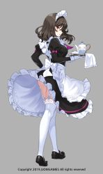Rule 34 | 1girl, apron, ass, black bow, black footwear, bow, brown hair, cup, dress, frilled apron, frilled dress, frills, full body, garter straps, grey background, hair between eyes, highres, holding, holding tray, iris yuma, lace, lace-trimmed legwear, lace trim, lim jaejin, long hair, looking at viewer, looking to the side, maid, maid apron, maid headdress, mary janes, parted lips, pink bow, profile, red eyes, shoe soles, shoes, simple background, solo, soulworker, standing, teacup, teapot, thighhighs, tray, watermark, white apron, white thighhighs