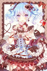 Rule 34 | 1girl, :d, alternate hairstyle, bad id, bad pixiv id, bang dream!, blue bow, blue hair, blue ribbon, blush, border, bow, brown bow, brown ribbon, character name, chocolate, cream, dress, food, frilled dress, frilled sleeves, frills, fruit, gift, hair ornament, hair ribbon, heart, heart hair ornament, highres, holding, holding gift, holding heart, lolita fashion, long hair, looking at viewer, matsubara kanon, open mouth, purple eyes, red bow, ribbon, short sleeves, sidelocks, smile, solo, strawberry, striped bow, striped ribbon, taya oco, twintails, valentine, wrist cuffs