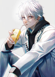 Rule 34 | 1boy, absurdres, artist name, black hoodie, blue lock, coat, drinking, drinking straw, drinking straw in mouth, feet out of frame, grey background, highres, holding juice box, hood, hood down, hoodie, juice box, latte2maccha, long sleeves, male focus, nagi seishirou, pants, simple background, sitting, solo, white coat, white hair