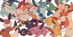 Rule 34 | :3, artist name, auko, blue eyes, blush stickers, brown eyes, character name, closed eyes, creatures (company), eevee, english text, espeon, everyone, evolutionary line, flareon, forehead jewel, full body, game freak, gen 1 pokemon, gen 2 pokemon, gen 4 pokemon, gen 6 pokemon, glaceon, green eyes, happy, heart, jolteon, leafeon, nintendo, no humans, one eye closed, poke ball symbol, pokemon, pokemon (creature), purple eyes, signature, simple background, sitting, smile, spread legs, sylveon, umbreon, vaporeon, white background, wink