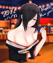 Rule 34 | 1girl, 2022, azur lane, bare shoulders, black hair, black kimono, blurry, blurry background, breasts, brown eyes, cleavage, collarbone, commentary, dated, english commentary, festival, friedrich der grosse (azur lane), friedrich der grosse (dark raiments of gagaku) (azur lane), hair over one eye, happy new year, highres, japanese clothes, kimono, lantern, large breasts, long hair, luxe, new year, off shoulder, official alternate costume, solo, twitter username