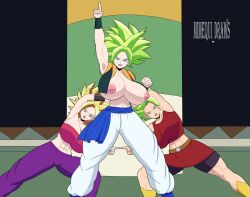 Rule 34 | 3girls, age difference, armpits, black shorts, blonde hair, blue eyes, breasts, caulifla, dragon ball, dragon ball super, earrings, female pervert, fusion, fusion dance, green hair, highres, huge breasts, jewelry, kale (dragon ball), kefla (dragon ball), large breasts, long hair, mature female, medium hair, miniskirt, multiple girls, muscular, muscular female, nude, open mouth, pervert, presenting, red skirt, sexually suggestive, short hair, shorts, skirt, super saiyan, uncensored