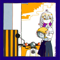 Rule 34 | 1girl, 3ma can omochi, ahoge, black skirt, blue border, border, collared shirt, colored inner hair, commentary, cropped legs, grey hair, hair ornament, hairclip, helmet, highres, holding, holding helmet, looking to the side, looking up, moped, motor vehicle, motorcycle helmet, multicolored background, multicolored hair, original, pleated skirt, purple hair, red nails, shirt, shirt tucked in, short sleeves, skirt, solo, striped hair, twitter username, utility pole, white background, white shirt, yellow background