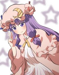 Rule 34 | 1girl, blue ribbon, blunt bangs, blush, bun cover, capelet, commentary, crescent, crescent hat ornament, double bun, dress, frilled capelet, frills, hair bun, hair ribbon, hat, hat ornament, hat ribbon, highres, long hair, looking at viewer, mob cap, patchouli knowledge, pink capelet, pink hat, pink robe, purple eyes, purple hair, red ribbon, ribbon, robe, rokugou daisuke, sidelocks, smile, solo, star (symbol), starry background, striped clothes, striped dress, touhou, upper body, v, vertical-striped clothes, vertical-striped dress, white background, white dress, yellow ribbon