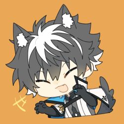 Rule 34 | +++, 1boy, :d, animal ear fluff, animal ears, black gloves, black hair, black tail, cape, charlemagne (fate), chibi, claw pose, closed eyes, fang, fate/grand order, fate (series), gloves, hair between eyes, highres, idass (idass16), kemonomimi mode, male focus, multicolored hair, open mouth, short hair, simple background, smile, solo, streaked hair, tail, two-tone hair, upper body, white cape, white hair