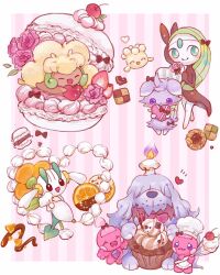 Rule 34 | :d, aqua eyes, border, box, bright pupils, cherry, chocolate, closed eyes, closed mouth, colored skin, commentary request, cream, creatures (company), cupcake, curled horns, dark skin, dog, espurr, fangs, fire, floette, floette (orange flower), flower, food, freckles, fruit, game freak, gen 5 pokemon, gen 6 pokemon, gen 8 pokemon, greavard, grey fur, heart, heart-shaped box, highres, holding, holding whisk, horns, hyoudo (d2 isu), legendary pokemon, macaron, meloetta, milcery, mythical pokemon, nintendo, no humans, notice lines, open mouth, outside border, pink background, pink flower, pink skin, pokemon, pokemon (creature), purple eyes, purple fire, skin fangs, smile, sparkle, strawberry, striped background, tinkatink, two-tone background, wavy mouth, whimsicott, whisk, white background, white border, white pupils