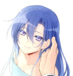 1girl alternate_hairstyle blue_eyes blue_hair closed_mouth collarbone hair_between_eyes hand_in_another&#039;s_hair jewelry kazanari_tsubasa lanlanlap portrait ring senki_zesshou_symphogear short_hair simple_background sketch smile solo_focus straight_hair white_background