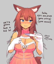 Rule 34 | 1girl, animal ears, blue eyes, blush, breasts, brown hair, commentary, dark-skinned female, dark skin, detached collar, dress, english commentary, english text, fox ears, fox tail, gloves, grey background, highres, holding, kazukoto, long hair, medium breasts, nose blush, original, parted lips, pink dress, pregnancy test, ribbon, simple background, solo, tail, upper body, vabiromena, white gloves, white ribbon