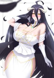 Rule 34 | 1girl, ahoge, albedo (overlord), bare shoulders, black feathers, black hair, black wings, blacksaikou, blush, breasts, cleavage, dress, feathered wings, feathers, gloves, hair between eyes, highres, horns, large breasts, long hair, mole, mole under eye, overlord (maruyama), slit pupils, solo, white dress, white gloves, wings, yellow eyes