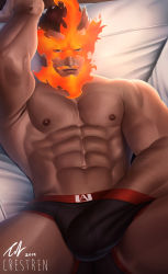 Rule 34 | 1boy, abs, armpit peek, bara, beard, black male underwear, boku no hero academia, boxer briefs, bulge, crestren, edging underwear, endeavor (boku no hero academia), facial hair, feet out of frame, fire, gluteal fold, hand under clothes, highres, large pectorals, lying, male focus, male masturbation, male underwear, masturbation, mature male, muscular, muscular male, navel, nipples, on back, on bed, pectorals, short hair, solo, spiked hair, stomach, thick thighs, thighs, topless male, underwear, underwear only