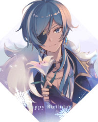 Rule 34 | 1boy, 7aka ne11, ahoge, black gloves, blue eyes, blue hair, closed mouth, collarbone, collared shirt, commentary, dark-skinned male, dark skin, earrings, eyepatch, fingerless gloves, flower, fur scarf, genshin impact, gloves, hair over shoulder, hand up, happy birthday, highres, holding, holding flower, jewelry, kaeya (genshin impact), long hair, looking at viewer, low ponytail, male focus, multicolored hair, one eye covered, parted bangs, ponytail, scarf, shirt, shoulder spikes, sidelocks, single earring, smile, snowflakes, solo, spikes, star-shaped pupils, star (symbol), streaked hair, swept bangs, symbol-shaped pupils, upper body, wing collar