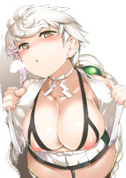 Rule 34 | 10s, 1girl, asymmetrical hair, bare shoulders, blush, bra, braid, breasts, clothes pull, cloud print, collarbone, crop top, cupless bra, from above, jitome, kantai collection, large breasts, lips, looking at viewer, miniskirt, mr.lostman, nippleless clothes, nipples, open clothes, puffy nipples, revealing clothes, shiny skin, shirt pull, silver hair, single braid, skirt, solo, thigh gap, thighhighs, underwear, unryuu (kancolle), wavy hair, yellow eyes