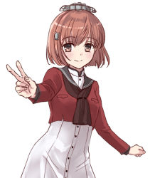 Rule 34 | 1girl, brown eyes, brown hair, brown neckerchief, commentary request, dress, grey sailor collar, headgear, kantai collection, kurage1, looking at viewer, neckerchief, red shirt, sailor collar, sailor shirt, shirt, short hair, simple background, smile, solo, tan yang (kancolle), v, white background, white dress, yukikaze (kancolle)