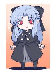 Rule 34 | 1girl, black bow, black capelet, black dress, blue hair, bow, capelet, chahan (fried rice0614), commission, dress, full body, gradient background, hair bow, highres, len (tsukihime), long hair, long sleeves, looking at viewer, open mouth, orange background, parted bangs, red eyes, skeb commission, solo, standing, tsukihime