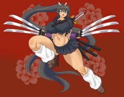 Rule 34 | 1girl, black hair, blue eyes, bracer, breasts, covered erect nipples, crop top, curvy, floral background, full body, highres, homura (senran kagura), huge breasts, katana, kyelyn, legs, long hair, looking at viewer, midriff, multiple swords, navel, open mouth, pleated skirt, ponytail, red background, school uniform, senran kagura, shoes, skirt, socks, solo, sword, thick thighs, thighs, tongue, very long hair, weapon, white socks, wide hips