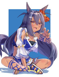 Rule 34 | 1girl, absurdres, animal ears, asymmetrical sleeves, black hair, blue background, blush, border, claw pose, commentary request, criss-cross straps, crossed legs, dark-skinned female, dark skin, ear scrunchie, fang, hair between eyes, hair ornament, hairclip, highres, hishi amazon (umamusume), horse ears, horse girl, horse tail, indian style, kento (kentdrawing), long hair, long sleeves, open mouth, pleated skirt, red eyes, sandals, sitting, skirt, smile, solo, tail, umamusume, very long hair, white border, yellow footwear