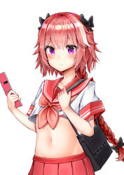 Rule 34 | 1boy, absurdres, astolfo (fate), bad id, bad pixiv id, bag, black bag, black bow, black ribbon, blush, bow, braid, cellphone, closed mouth, cowboy shot, crop top, fate/apocrypha, fate/grand order, fate (series), flip phone, floating hair, gui ss, hair between eyes, hair bow, hair intakes, hair ribbon, handbag, highres, holding, holding phone, long hair, looking at viewer, male focus, midriff, multicolored hair, navel, neckerchief, official alternate costume, phone, pink eyes, pink hair, pink neckerchief, pleated skirt, red hair, red neckerchief, red sailor collar, red skirt, ribbon, sailor collar, school uniform, serafuku, shirt, short sleeves, sidelocks, simple background, single braid, skirt, solo, standing, stomach, streaked hair, trap, two-tone hair, very long hair, white background, white hair, white shirt