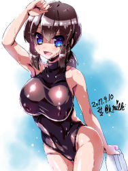 Rule 34 | 10s, 1girl, 2017, alternate breast size, black hair, black one-piece swimsuit, blue eyes, cowboy shot, dated, fubuki (kancolle), hair between eyes, kantai collection, looking at viewer, low ponytail, miuku (marine sapphire), one-piece swimsuit, open mouth, ponytail, short ponytail, sidelocks, signature, solo, standing, swimsuit, towel, turtleneck, twitter username