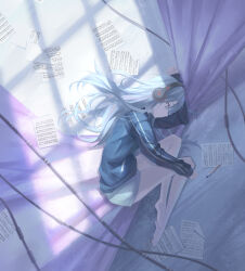 Rule 34 | 1girl, absurdres, bare legs, barefoot, blue eyes, blue jacket, commentary, english commentary, expressionless, full body, grey hair, grey pants, headphones, highres, jacket, long hair, looking to the side, lying, on side, pants, pen, pine50, project sekai, sheet music, sleeves past wrists, solo, window shadow, yoisaki kanade