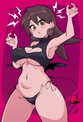 1girl absurdres bare_shoulders black_eyes black_panties black_shirt blush breasts brown_hair buzzlyears cleavage cleavage_cutout clothing_cutout covered_erect_nipples cropped_shirt halloween_costume heart heart_tail highres large_breasts medium_hair mega_man_(series) mega_man_legends_(series) navel panties pink_background ringed_eyes shirt side-tie_panties solo tail tron_bonne_(mega_man) underwear