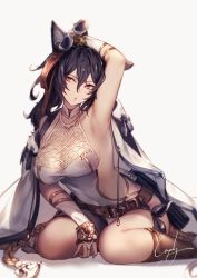 Rule 34 | 1girl, animal ears, arm up, armpits, bare shoulders, belt, black hair, breasts, bridal gauntlets, cape, cleavage, detached sleeves, erune, eyewear on head, genyaky, granblue fantasy, gun, hair between eyes, hair ribbon, halterneck, highres, holster, ilsa (granblue fantasy), large breasts, long hair, looking at viewer, one-piece swimsuit, red eyes, ribbon, signature, sitting, solo, sunglasses, swimsuit, thighs, wariza, weapon, white one-piece swimsuit