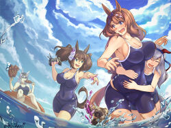 Rule 34 | 4girls, animal ears, artist name, barefoot, blue bow, blue eyes, blue one-piece swimsuit, blue sky, blush, bouncing breasts, bow, braid, breasts, brown hair, cleavage, closed eyes, cloud, commentary request, competition school swimsuit, covered navel, cowboy shot, day, ear covers, eating, fox mask, fried squid, green eyes, grey hair, hair between eyes, hair bow, highres, horse ears, horse girl, horse tail, hug, hug from behind, inari one (umamusume), large breasts, long bangs, long hair, looking at another, looking to the side, mask, mask on head, medium bangs, multiple girls, ocean, oguri cap (umamusume), one-piece swimsuit, open mouth, orange innertube, outdoors, reihou19, school swimsuit, sea slug, sky, slime (substance), smile, super creek (umamusume), swimsuit, tail, tamamo cross (umamusume), tracen swimsuit, twintails, umamusume, very long hair, water, wet