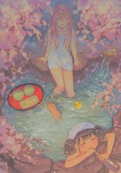 Rule 34 | 2girls, absurdres, brown hair, cherry blossoms, closed eyes, dango, food, from above, green tea, highres, long hair, looking up, multiple girls, onsen, original, parted lips, partially submerged, pink eyes, pink hair, rabbit monster, rubber duck, sitting, tea, towel, towel on head, twintails, wagashi