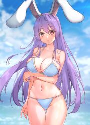 Rule 34 | 1girl, absurdres, animal ears, arm under breasts, bare shoulders, blush, breasts, cowboy shot, diving penguin, gluteal fold, hair between eyes, highres, large breasts, long hair, navel, open mouth, outdoors, pink eyes, purple hair, rabbit ears, reisen udongein inaba, sky, solo, swimsuit, thigh gap, touhou, very long hair