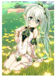 Rule 34 | :o, absurdres, bare shoulders, braid, child, cross-shaped pupils, detached sleeves, dress, field, flat chest, flower, french braid, full body, genshin impact, gold trim, grass, green eyes, green hair, hair between eyes, hair ornament, hand up, head tilt, highres, leaf hair ornament, legs, light blush, long ears, long hair, looking to the side, nahida (genshin impact), no shoes, off-shoulder dress, off shoulder, on grass, on ground, open mouth, outdoors, short dress, side ponytail, sitting, skyneko, symbol-shaped pupils, toeless legwear, toes, wariza, white dress