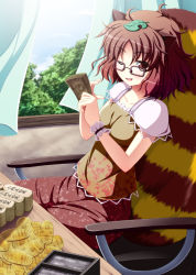 Rule 34 | 1girl, akashio (loli ace), animal ears, box, brown eyes, brown hair, chair, curtains, day, female focus, forest, futatsuiwa mamizou, glasses, holding, leaf, leaf on head, maple leaf, money, nature, object on head, one eye closed, open mouth, patterned, pince-nez, raccoon ears, raccoon tail, short hair, sitting, skirt, sky, smile, solo, table, tail, touhou, toyosatomimi no miko, window, wink, wrist cuffs
