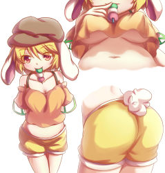 Rule 34 | 1girl, :3, absurdres, animal ears, arms behind back, ass, belly, blonde hair, breasts, brown hat, cleavage, closed mouth, collarbone, crop top, crop top overhang, cropped torso, dango, dior-zi, eyebrows, flat cap, floppy ears, food, food in mouth, hair between eyes, hat, highres, looking at viewer, medium breasts, midriff, mouth hold, multiple views, navel, no bra, off-shoulder shirt, off shoulder, orange shirt, plump, rabbit ears, rabbit tail, red eyes, ringo (touhou), sanshoku dango, shirt, short hair, short shorts, short sleeves, shorts, simple background, smile, stomach, tail, touhou, underboob, upshirt, wagashi, white background, yellow shorts