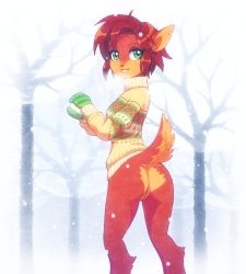 Rule 34 | 1girl, ass, bottomless, breath, brown hair, cleft of venus, elora (spyro), faun, furry, gloves, green eyes, kempferzero, looking at viewer, looking back, mittens, pussy, short hair, smile, snow, snowball, spyro (series), sweater, tail, tree, uncensored, winter