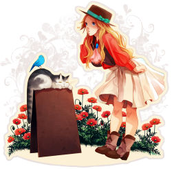 Rule 34 | 1girl, ascot, bad id, bad pixiv id, bird, blue eyes, brown hat, cat, flower, hat, highres, long hair, original, shimoe, simple background, solo, white background