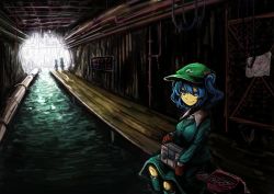 Rule 34 | 1girl, bad id, bad twitter id, blue eyes, blue footwear, blue hair, blue shirt, blue skirt, cable, collar, commentary, flat cap, gloves, green hat, hair bobbles, hair ornament, hat, industrial pipe, kanfuru, kawashiro nitori, key, long sleeves, looking at viewer, radio, red gloves, shirt, sitting, skirt, solo, solo focus, toolbox, tools, touhou, two side up, wading, water