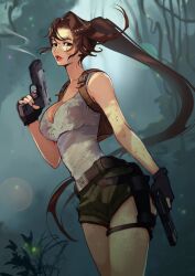 Rule 34 | 1girl, backpack, bag, bare shoulders, belt, breasts, brown bag, brown belt, brown eyes, brown hair, cleavage, cowboy shot, dated, dirty, dirty clothes, dual wielding, fumezu1, green shorts, gun, handgun, highres, holding, holding gun, holding weapon, holster, lara croft, large breasts, long hair, looking at viewer, parted lips, ponytail, red lips, shirt, short shorts, shorts, signature, sleeveless, sleeveless shirt, smoke, solo, thigh holster, thighs, tomb raider, weapon, white shirt