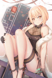 Rule 34 | 1girl, ankle ribbon, bare legs, bare shoulders, black bow, black footwear, black gloves, blonde hair, blush, bow, breasts, bridal garter, china dress, chinese clothes, cleavage, closed mouth, commentary, dated, dress, dutch angle, garter straps, girls&#039; frontline, gloves, hand on own knee, head tilt, high heels, highres, knees up, lantern, leg ribbon, looking at viewer, medium breasts, official alternate costume, on table, orange eyes, ots-14 (girls&#039; frontline), ots-14 (sangria succulent) (girls&#039; frontline), paper lantern, pelvic curtain, ribbon, shawl, signature, sitting, sleeveless, sleeveless dress, solo, superman3go, table, thigh strap, v-shaped eyebrows