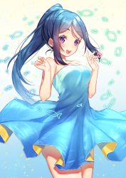 Rule 34 | 1girl, :d, blue dress, blue hair, breasts, clenched hand, cowboy shot, dress, fish, hands up, heart, long hair, love live!, love live! school idol festival, love live! sunshine!!, matsuura kanan, medium breasts, moyui (myi 005), open mouth, ponytail, purple eyes, see-through silhouette, smile, solo, strapless, strapless dress, teeth, upper teeth only