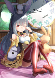 Rule 34 | 1girl, animal ears, arm support, black panties, blush, breasts, clock, corset, detached collar, detached sleeves, frilled sleeves, frills, full body, grey hair, hair ribbon, highres, long hair, looking at another, no shoes, nose blush, on bed, on head, one eye closed, original, panties, pantyshot, parted lips, pleated skirt, rabbit ears, red eyes, red ribbon, red thighhighs, ribbon, roman numeral, sitting, skirt, small breasts, solid circle eyes, striped clothes, striped thighhighs, stuffed animal, stuffed rabbit, stuffed toy, thighhighs, tokumaro, tree, underwear, vertical-striped clothes, vertical-striped thighhighs, very long hair, whiskers, window, wooden wall, wristband, yellow skirt, zipper, | |