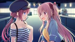 Rule 34 | 2girls, bare shoulders, black headwear, black ribbon, blonde hair, blue eyes, blue jacket, blush, bow, collarbone, eye contact, eyes visible through hair, female focus, fuyuichi monme, game cg, hair between eyes, hair bow, hair ribbon, hand on own chest, hat, highres, jacket, long hair, looking at another, multiple girls, night, official art, one side up, open mouth, outdoors, red bow, red eyes, red hair, ren&#039;ai karichaimashita, ribbon, segawa emi, shirt, striped clothes, striped shirt, suspenders, sweatdrop, tenma hasumi, twintails, upper body, yellow shirt