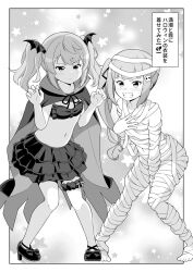 Rule 34 | 2girls, between legs, blush, claw pose, clenched teeth, cloak, collarbone, commentary request, greyscale, hair ornament, hair ribbon, halloween, hand between legs, hands up, high heels, highres, kantai collection, kasumi (kancolle), knees together feet apart, layered skirt, long hair, michishio (kancolle), monochrome, multiple girls, mummy costume, pleated skirt, ribbon, shoes, side ponytail, skirt, skull hair ornament, star (symbol), starry background, teeth, tenshin amaguri (inobeeto), translation request, twintails, very long hair, wing hair ornament
