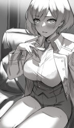 Rule 34 | 1girl, bra visible through clothes, breasts, couch, deras, epaulettes, gloves, greyscale, gridman universe, highres, holding necktie, jacket, looking at viewer, monochrome, mujina, necktie, open clothes, open jacket, short hair, shorts, ssss.dynazenon, sweat, thighs