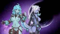 Rule 34 | 2girls, aqua hair, blush, breasts, cleft of venus, colored skin, commentary request, cowboy shot, green skin, hair over one eye, highres, large breasts, long hair, long sleeves, monster girl, multiple girls, nipples, purple skin, pussy, pussy juice, red eyes, rimworld, science fiction, sideboob, space, stmast, tail, white hair