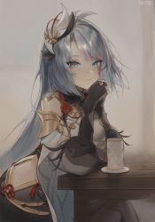 Rule 34 | 1girl, azura cecillia, black gloves, blue eyes, blue hair, blush, breast curtains, clothing cutout, commentary, commission, cosplay, cup, english commentary, fingerless gloves, genshin impact, gloves, highres, hip vent, long hair, looking at viewer, multicolored hair, nijisanji, nijisanji id, pink hair, plate, ruitoki, second-party source, shenhe (genshin impact), shenhe (genshin impact) (cosplay), shoulder cutout, smile, solo, streaked hair, virtual youtuber