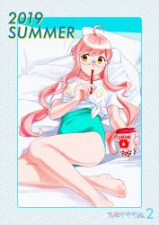 Rule 34 | 1girl, 2019, ahoge, alternate color, aqua one-piece swimsuit, bad id, bad twitter id, barefoot, bubble tea, casual one-piece swimsuit, cup, disposable cup, drinking straw, enemy lifebuoy (kancolle), glasses, hair bun, highres, kantai collection, looking at viewer, lying, makigumo (kancolle), ojipon, one-piece swimsuit, pillow, pink hair, shirt, single hair bun, solo, swimsuit, tied shirt, twintails, yellow eyes